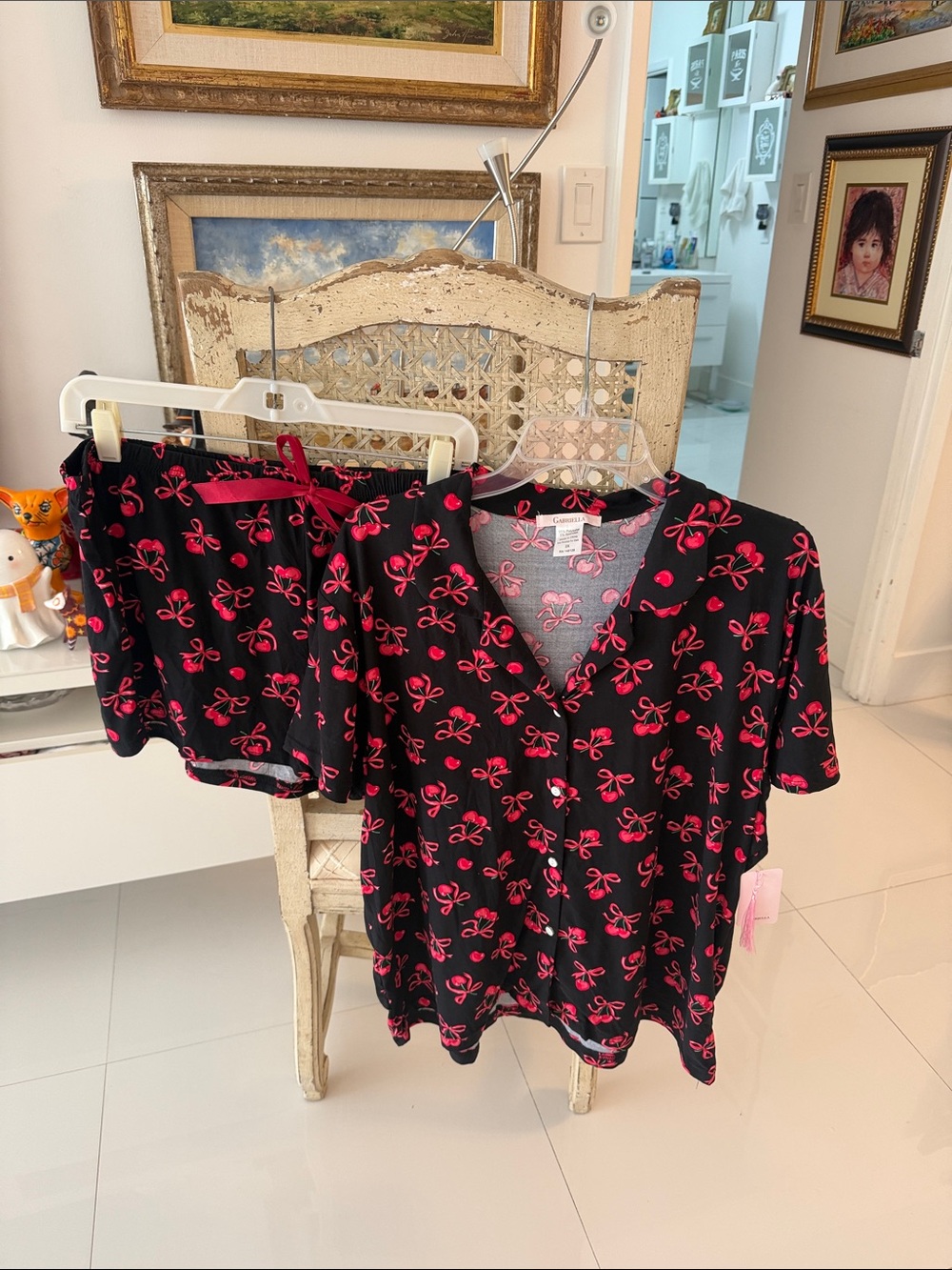 Gabriella Black & Pink Cherry Bow-Print Short Pajama Set
